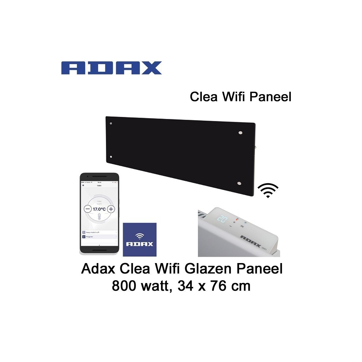 Adax Clea Wifi Glazen Paneel 800 watt 34 x 76 cm zwart Ecodesign|Luchtreinigeronline