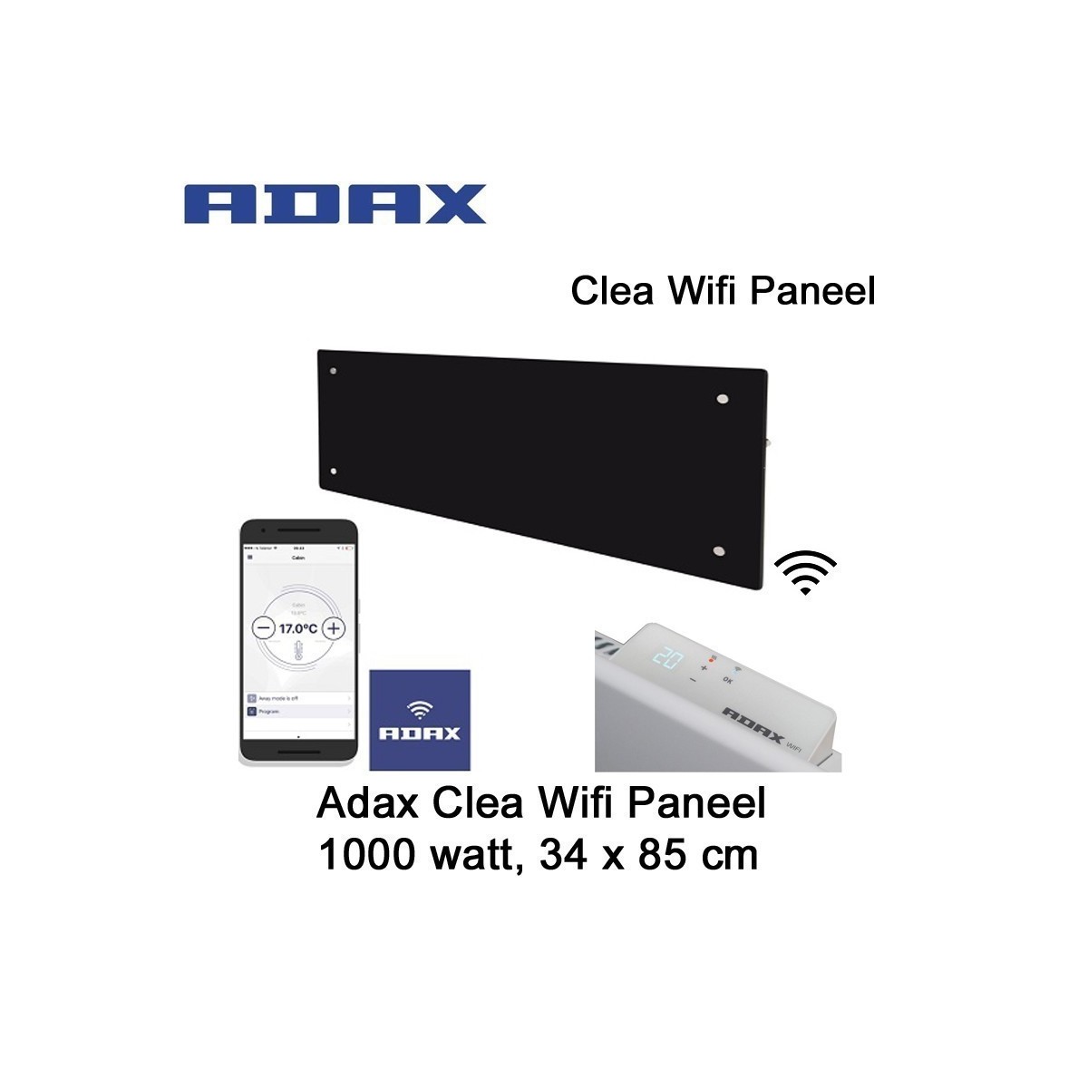 Adax Clea Wifi Glazen Paneel 1000 watt 34 x 85 cm zwart Ecodesign|Luchtreinigeronline