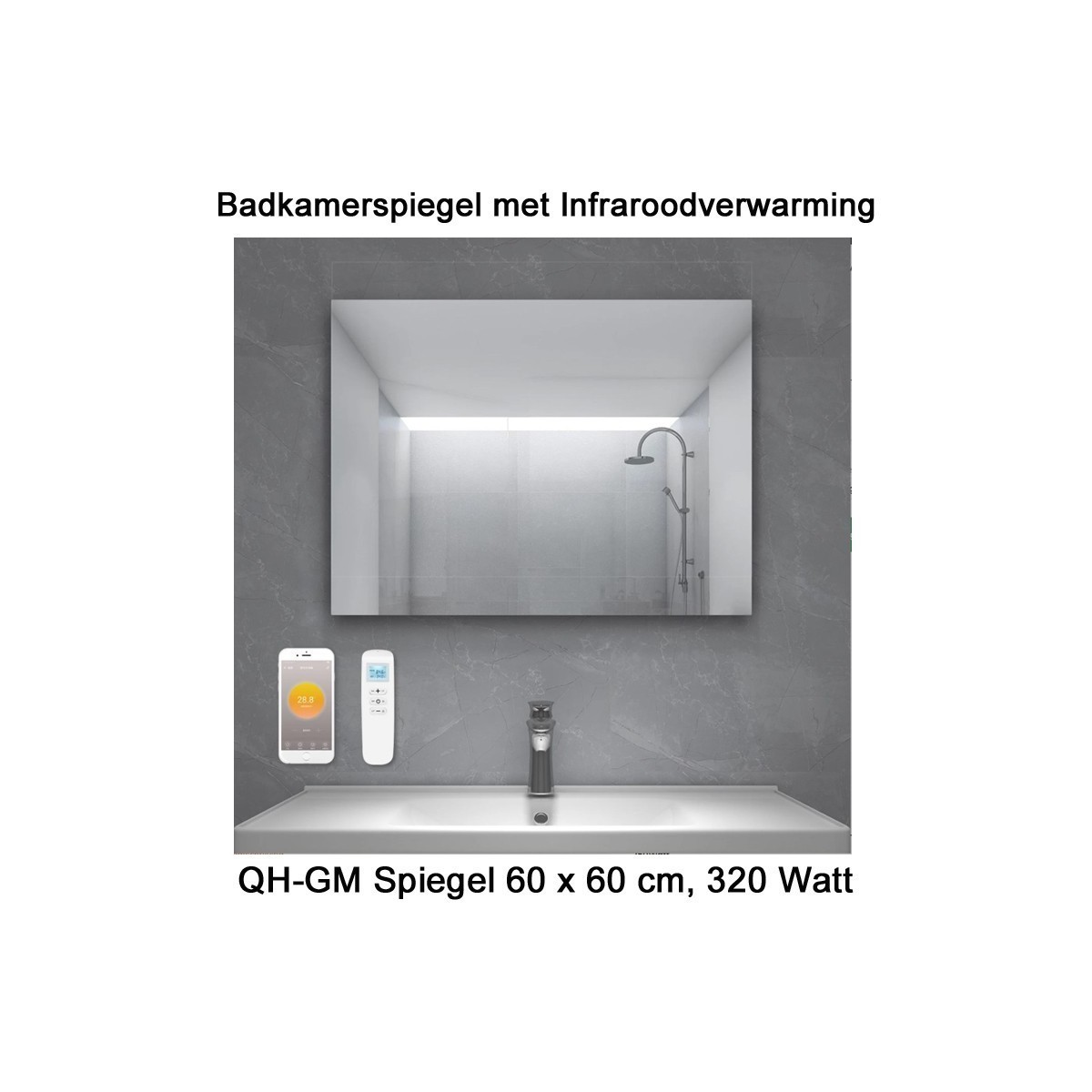 QH-GM Spiegel infrarood verwarming 60 x 60 cm 320 Watt|Luchtreinigeronline