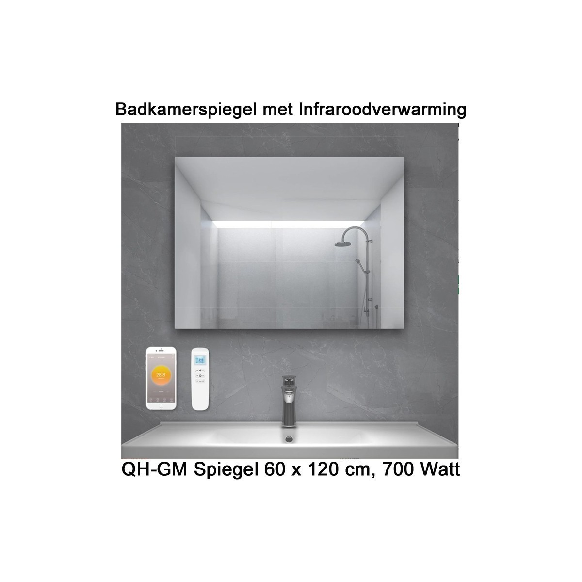 QH-GM Spiegel infrarood verwarming 60 x 120 cm 700 Watt|Luchtreinigeronline