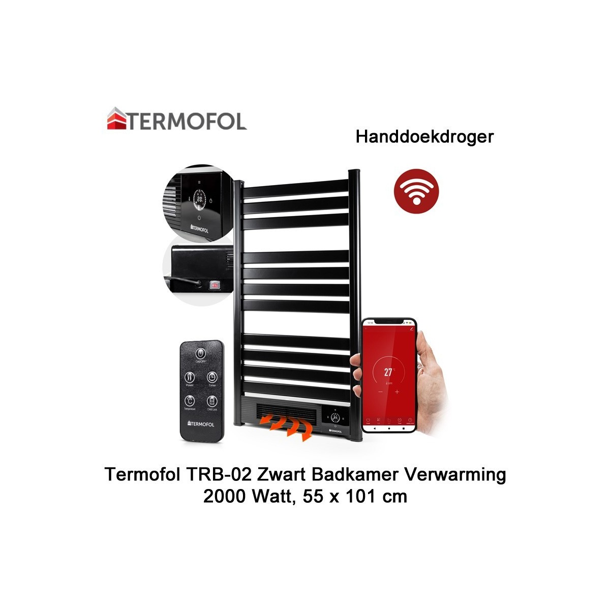 Termofol TRB-02 zwart handdoekdroger 2000 Watt|Luchtreinigeronline