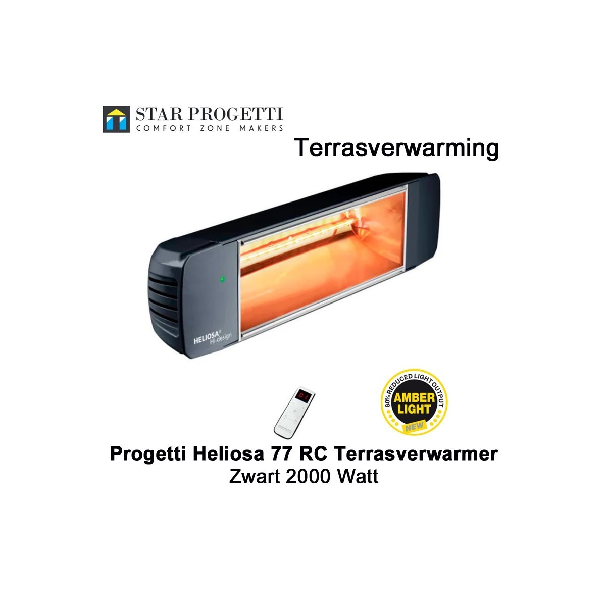 Progetti Heliosa 77 RC Zwart Terrasverwarmer 2000 Watt met dimmer en afstandsbediening|Luchtreinigeronline