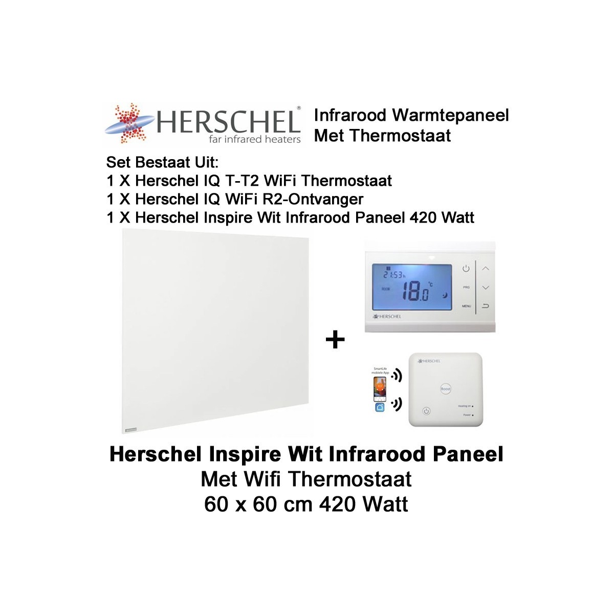 Herschel Inspire wit infrarood paneel met thermostaat, 420 Watt, 60 x 60 cm|Luchtreinigeronline