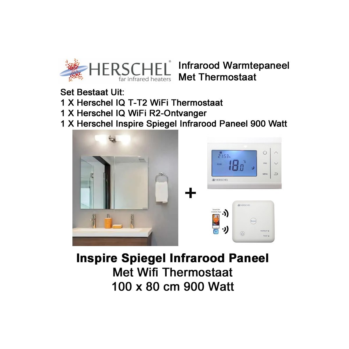 Herschel Inspire spiegel infrarood paneel met thermostaat, 900 Watt, 100 x 80 cm|Luchtreinigeronline