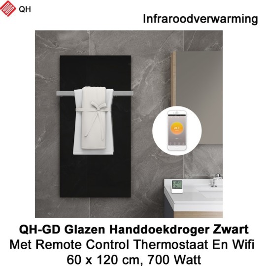 QH-GD Zwart glazen infraroodpaneel Wifi 700 Watt, 60 x 120 cm, met 1 handdoekbeugel|Luchtreinigeronline