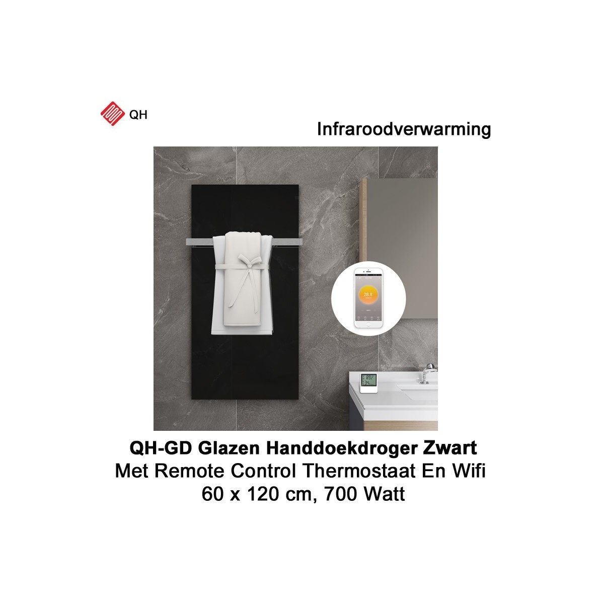 QH-GD Zwart glazen infraroodpaneel Wifi 700 Watt, 60 x 120 cm, met 1 handdoekbeugel|Luchtreinigeronline