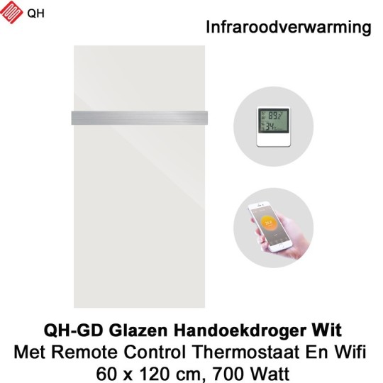 QH-GD Wit glazen infraroodpaneel Wifi 700 Watt, 60 x 120 cm, met 1 handdoekbeugel|Luchtreinigeronline