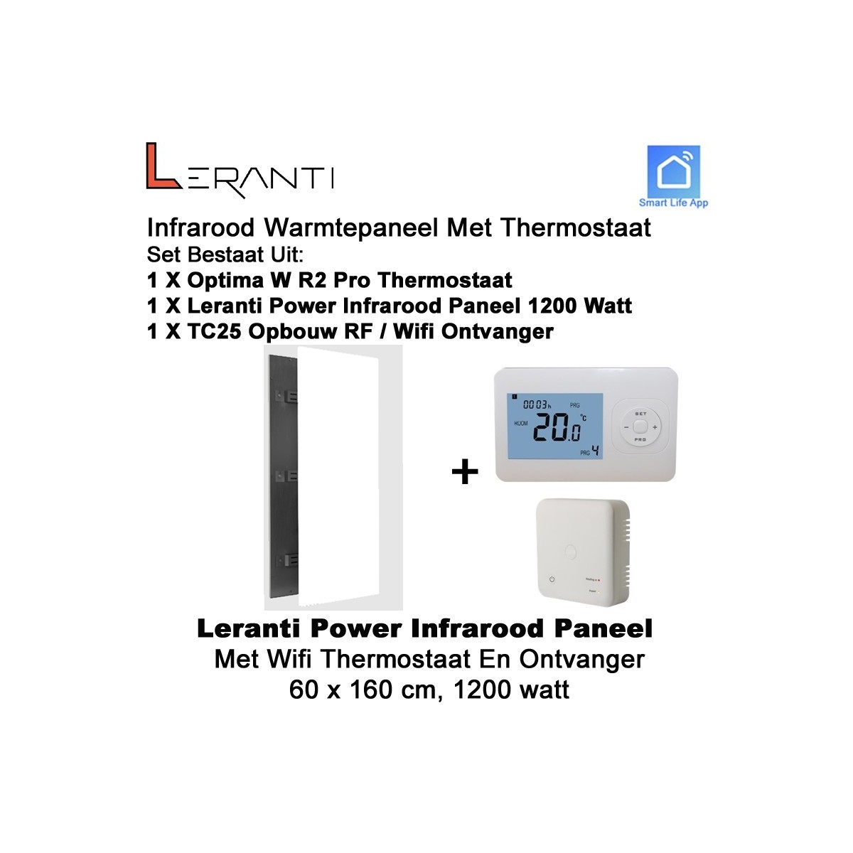Leranti Power 1200 Watt infrarood paneel met Optima W R2 Pro wifi thermostaat en ontvanger|Luchtreinigeronline