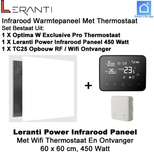 Leranti Power 450 Watt infrarood paneel met Optima W Exclusive Pro wifi thermostaat en ontvanger|Luchtreinigeronline