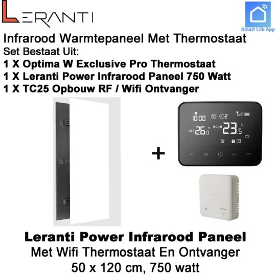 Leranti Power 750 Watt infrarood paneel met Optima W Exclusive Pro wifi thermostaat en ontvanger|Luchtreinigeronline