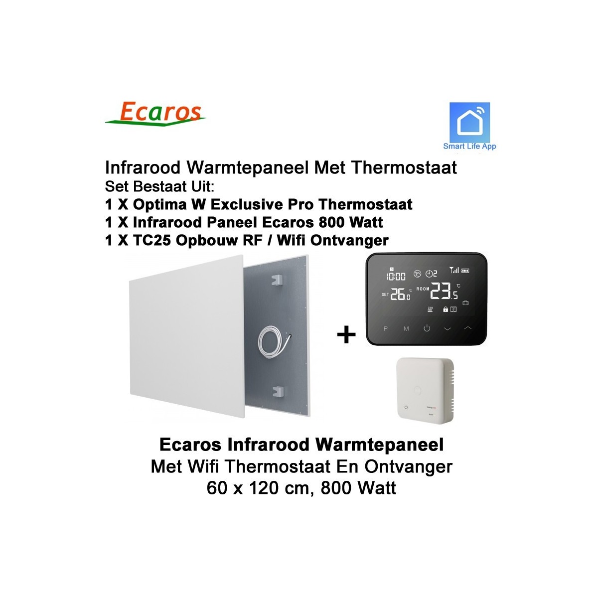 Ecaros Infrarood paneel 800 Watt 60 x 120 cm, met Optima W Exclusive Pro thermostaat en ontvanger|Luchtreinigeronline