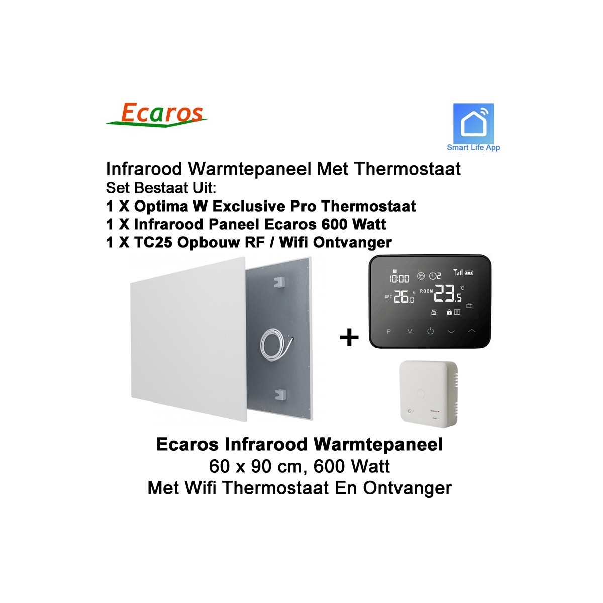 Ecaros Infrarood paneel 600 Watt 60 x 90 cm, met Optima W Exclusive Pro thermostaat en ontvanger|Luchtreinigeronline