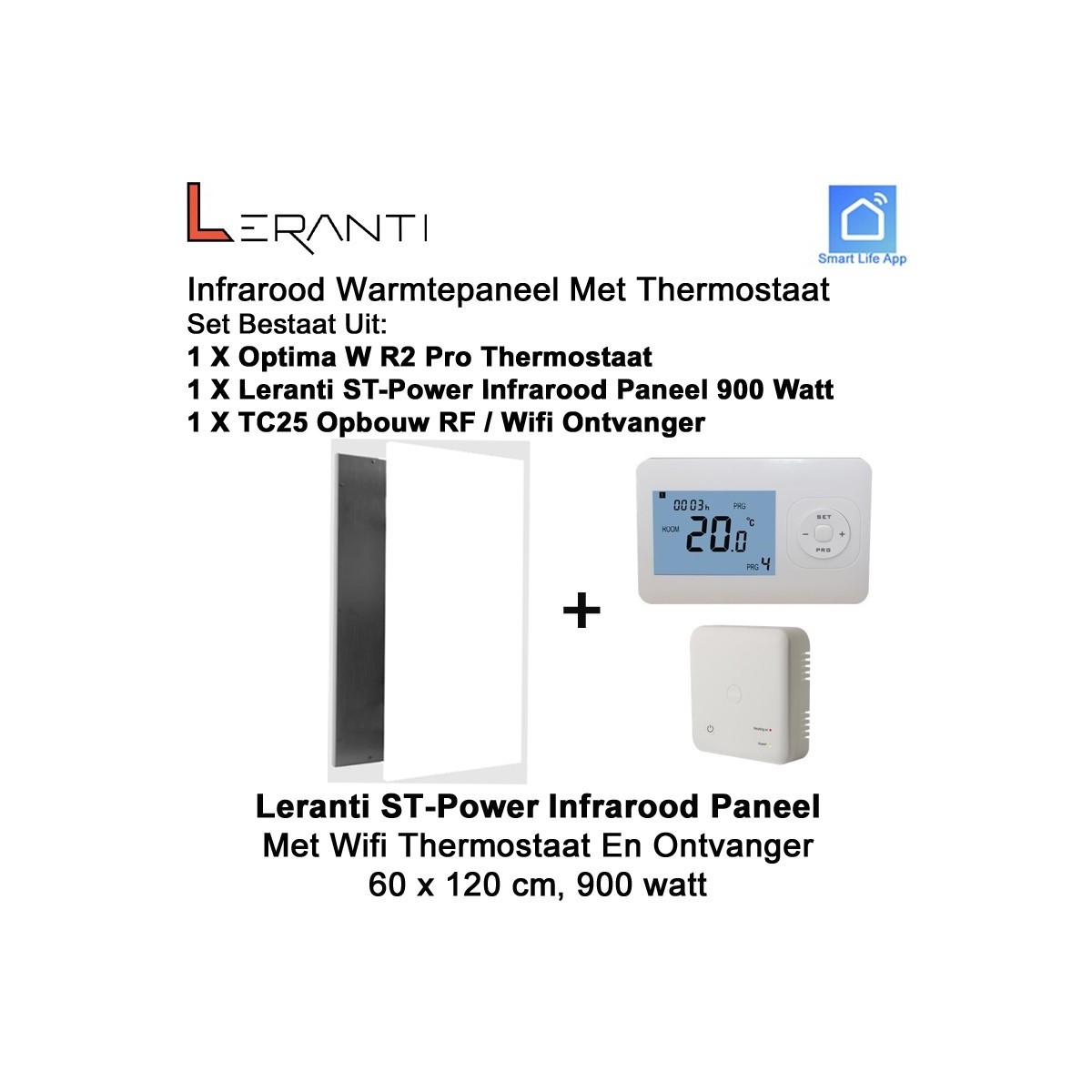 Leranti ST Power 900 Watt infrarood paneel met Optima W R2 Pro wifi thermostaat en ontvanger|Luchtreinigeronline