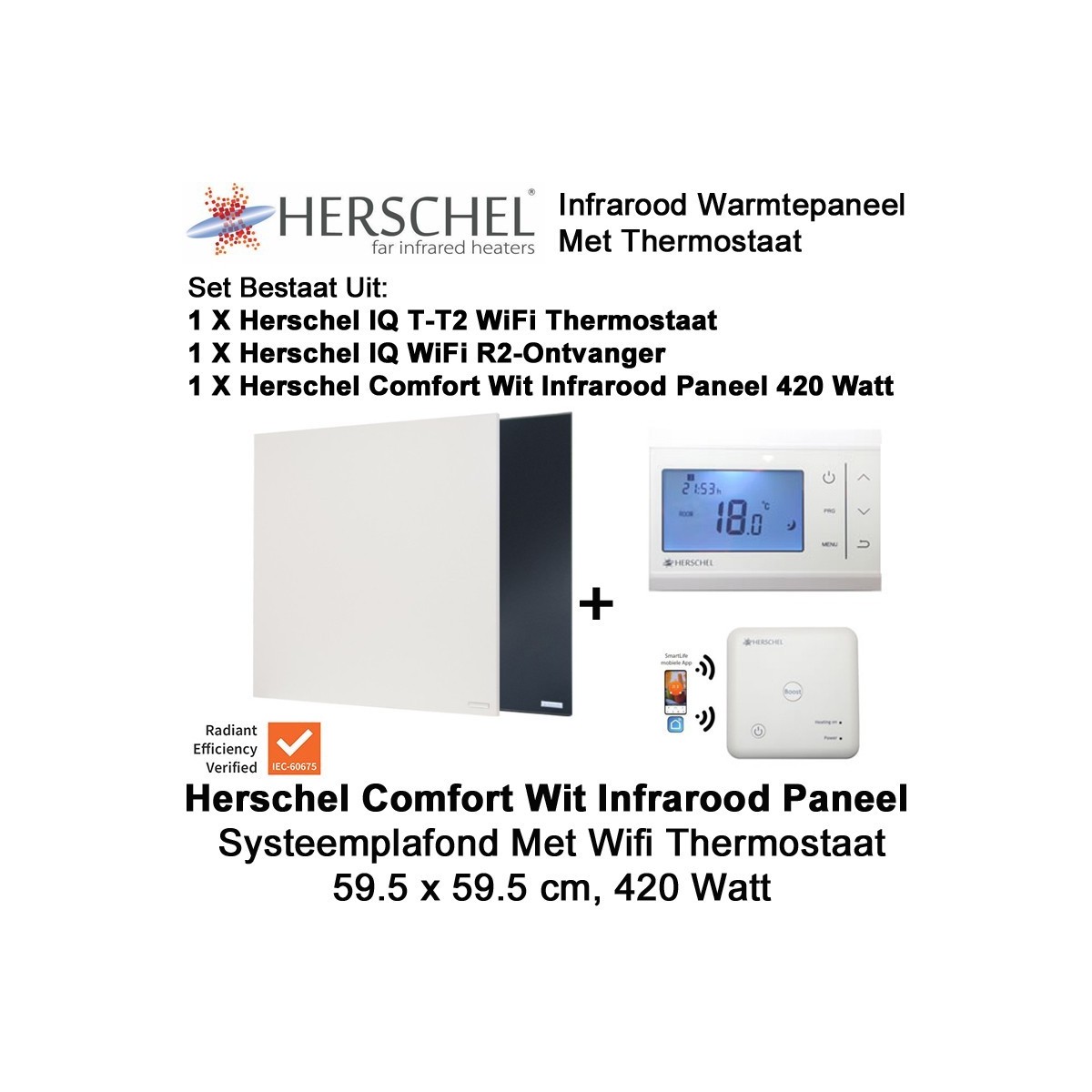 Herschel Comfort 420 Watt infrarood paneel wit voor systeemplafond met thermostaat|Luchtreinigeronline