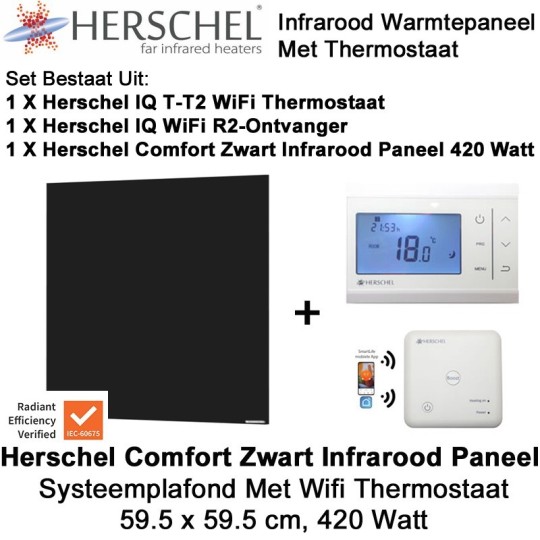 Herschel Comfort 420 Watt infrarood paneel zwart voor systeemplafond met thermostaat|Luchtreinigeronline