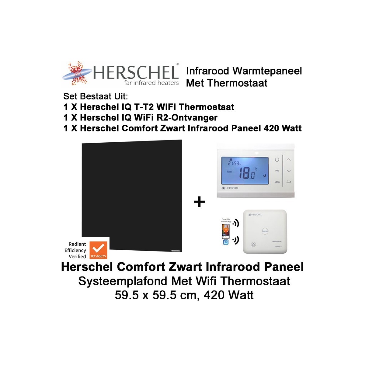 Herschel Comfort 420 Watt infrarood paneel zwart voor systeemplafond met thermostaat|Luchtreinigeronline