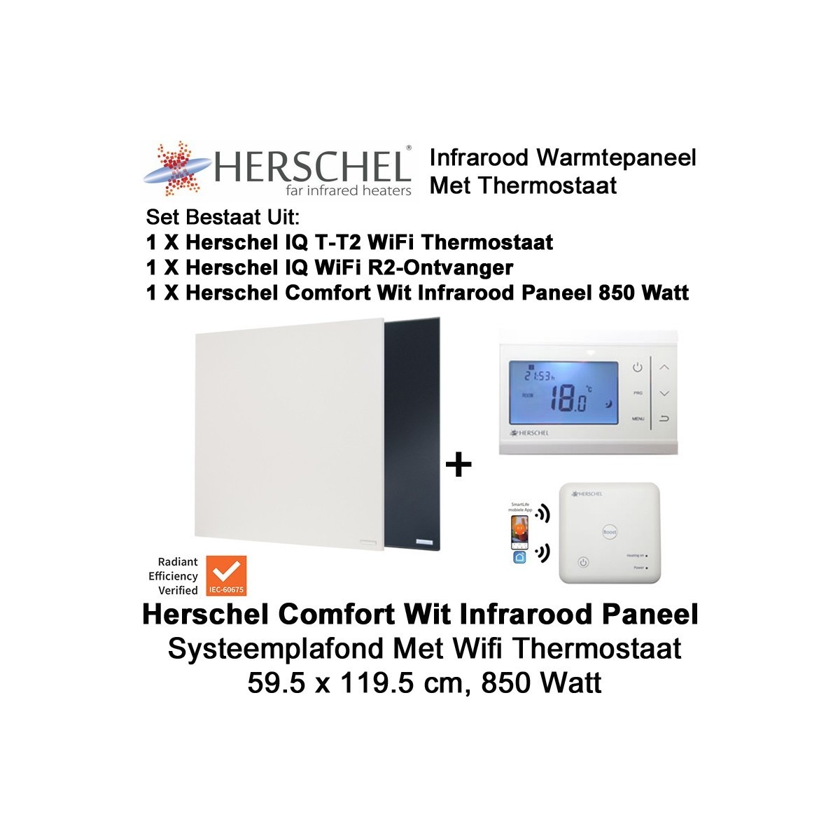 Herschel Comfort 850 Watt infrarood paneel wit voor systeemplafond met thermostaat|Luchtreinigeronline