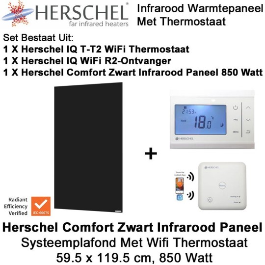 Herschel Comfort 850 Watt infrarood paneel zwart voor systeemplafond met thermostaat|Luchtreinigeronline