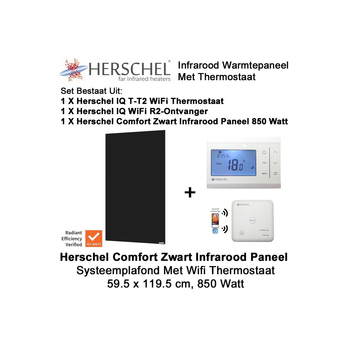 Herschel Comfort 850 Watt infrarood paneel zwart voor systeemplafond met thermostaat|Luchtreinigeronline