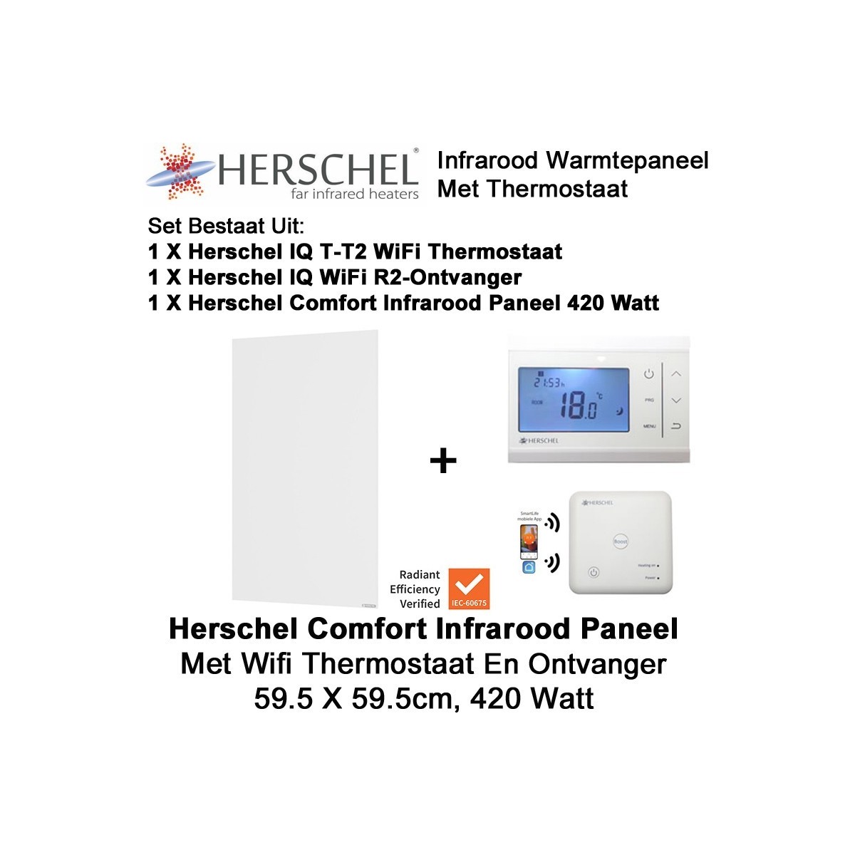 Herschel Comfort infrarood paneel 420 Watt 59,5 x 59,5 cm met thermostaat|Luchtreinigeronline