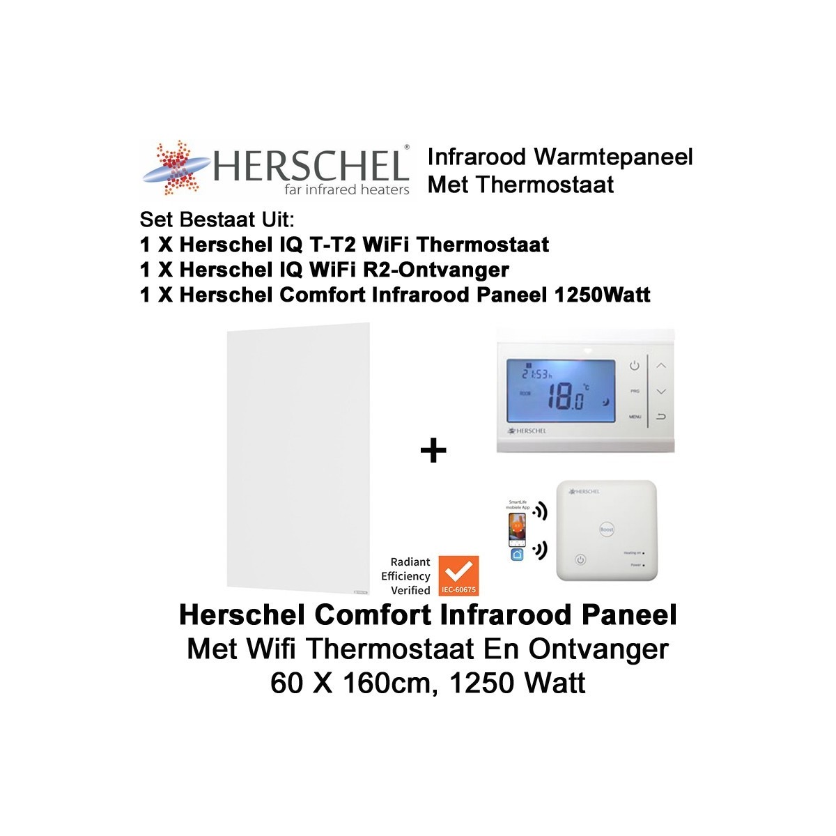 Herschel Comfort infrarood paneel 1250 Watt 60 x 160 cm met thermostaat|Luchtreinigeronline