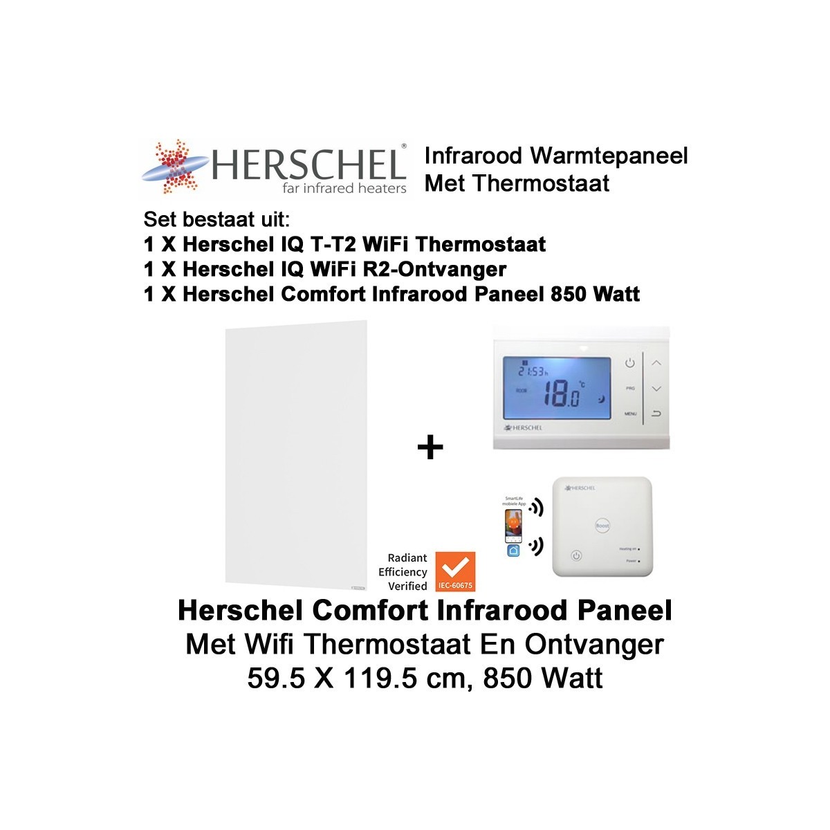 Herschel Comfort infrarood paneel 850 Watt 59,5 x 119,5 cm met thermostaat|Luchtreinigeronline