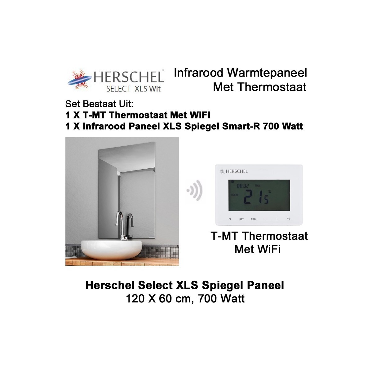Herschel Select XLS spiegel infrarood paneel met WiFi thermostaat, 700 Watt 60 x 120 cm|Luchtreinigeronline