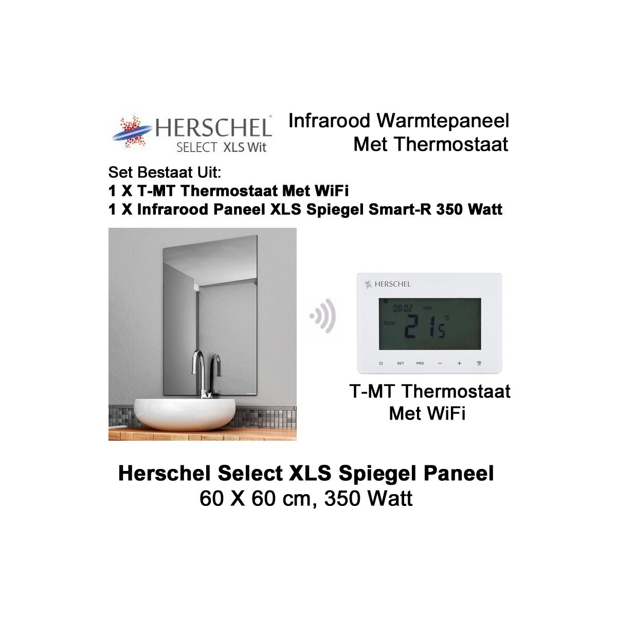 Herschel Select XLS spiegel infrarood paneel met WiFi thermostaat, 350 Watt, 60 x 60 cm|Luchtreinigeronline