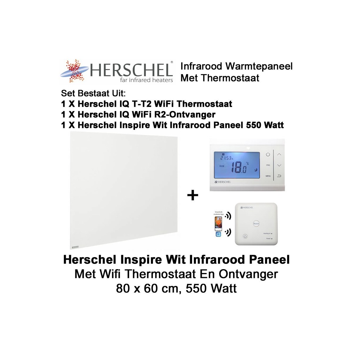 Herschel Inspire wit infrarood paneel met thermostaat, 550 Watt, 80 x 60 cm|Luchtreinigeronline