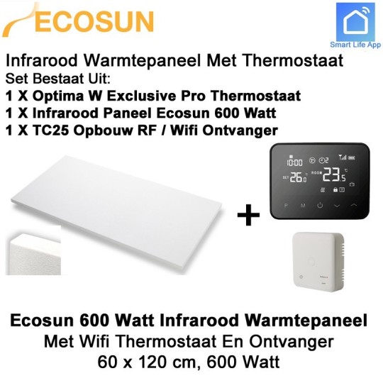 Ecosun Infrarood Paneel 600 Watt 120 x 60 cm, met Optima W Exclusive Pro thermostaat en ontvanger|Luchtreinigeronline