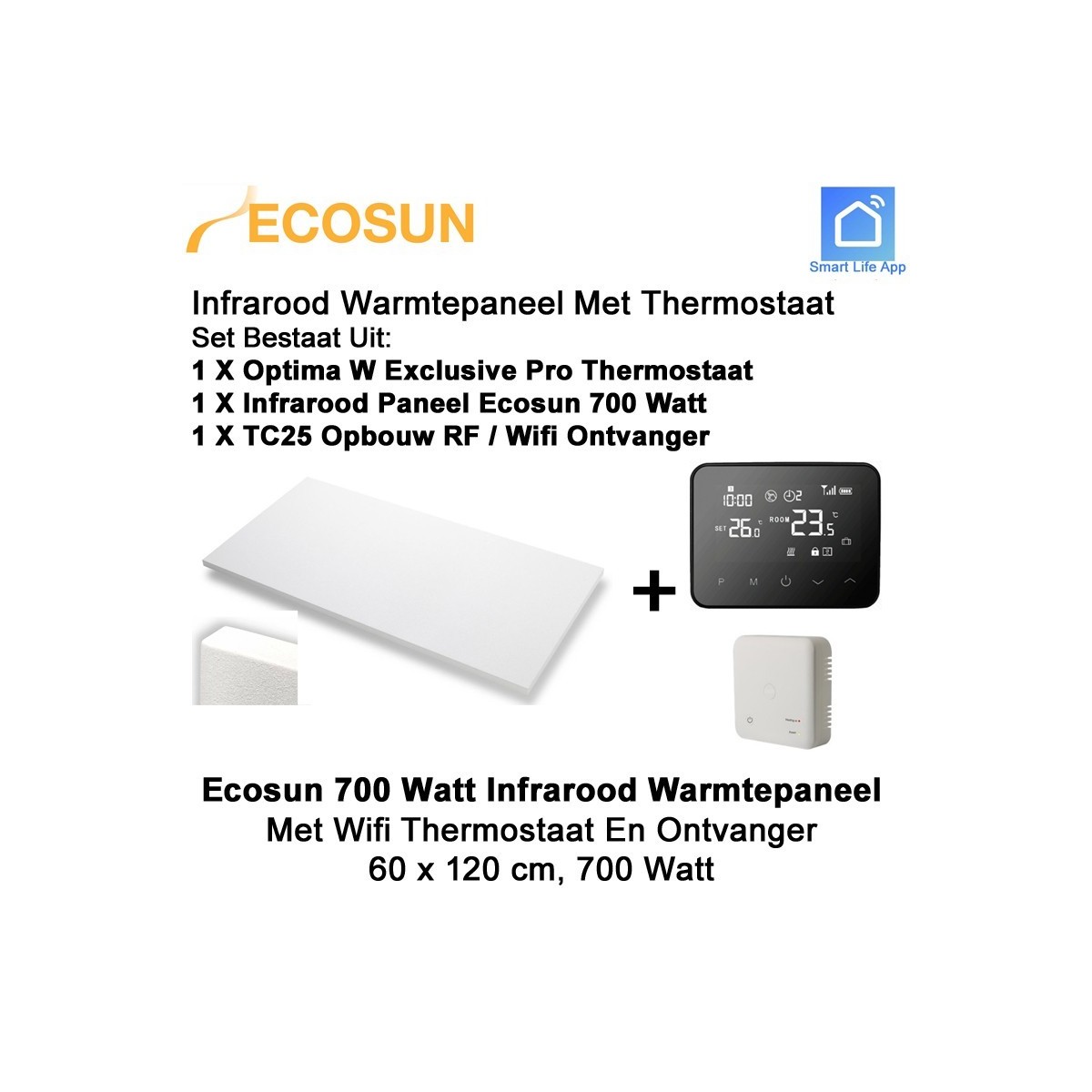 Ecosun Infrarood Paneel 700 Watt 60 x 120 cm, met Optima W Exclusive Pro thermostaat en ontvanger|Luchtreinigeronline