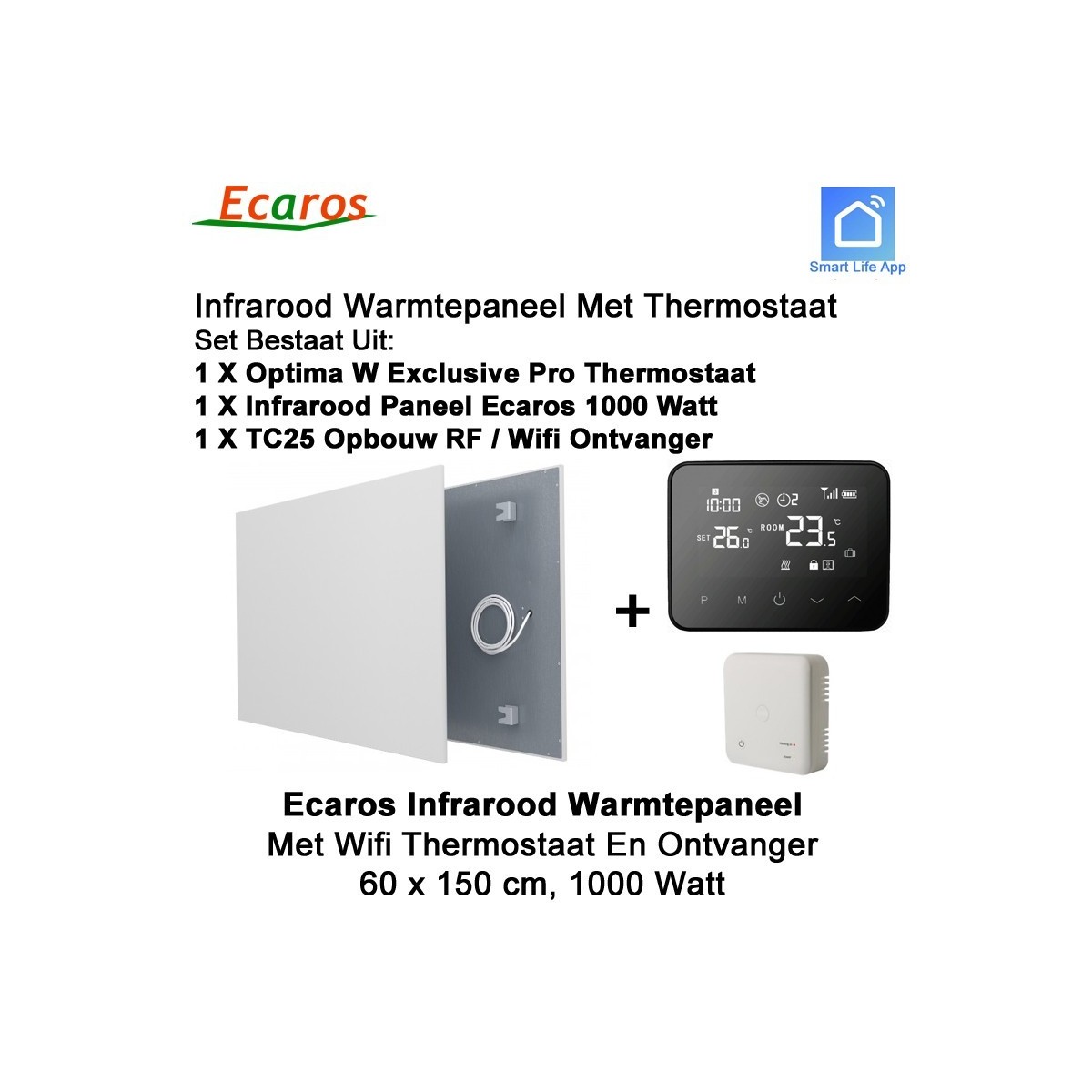 Ecaros Infrarood paneel 1000 Watt 60 x 150 cm, met Optima W Exclusive Pro thermostaat en ontvanger|Luchtreinigeronline