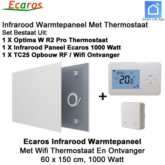 Ecaros Infrarood paneel 1000 Watt 60 x 150 cm, met Optima W R2 Pro thermostaat en opbouw ontvanger|Luchtreinigeronline