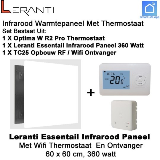 Leranti Essential 360 Watt infrarood paneel met optima r2 thermostaat en ontvanger, 60 x 60 cm|Luchtreinigeronline
