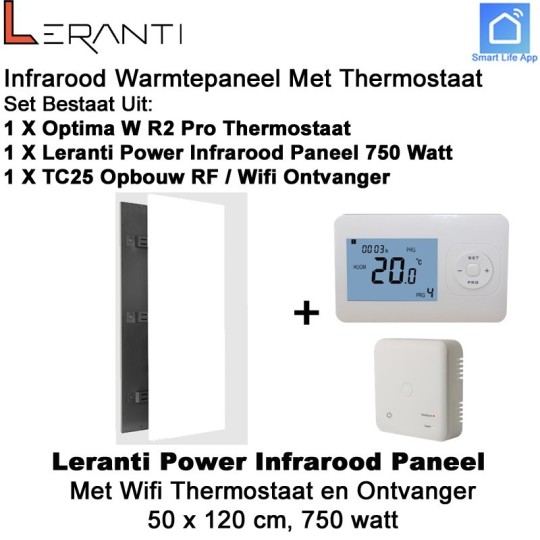 Leranti Power 750 Watt infrarood paneel met Optima W R2 Pro wifi thermostaat en ontvanger|Luchtreinigeronline
