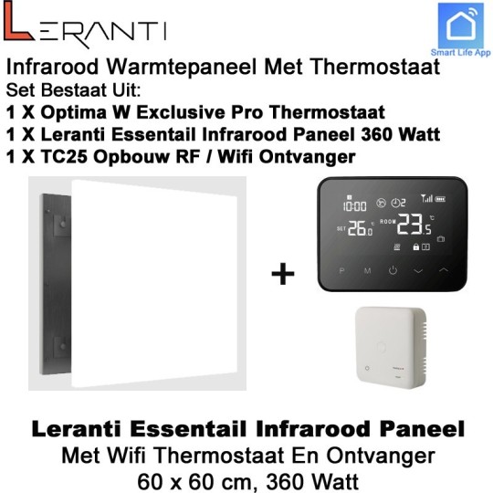 Leranti Essential 360 Watt infrarood paneel met Optima W Exclusive thermostaat en ontvanger|Luchtreinigeronline