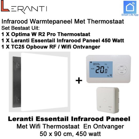 Leranti Essential 450 Watt infrarood paneel met Optima W R2 Pro thermostaat en ontvanger|Luchtreinigeronline