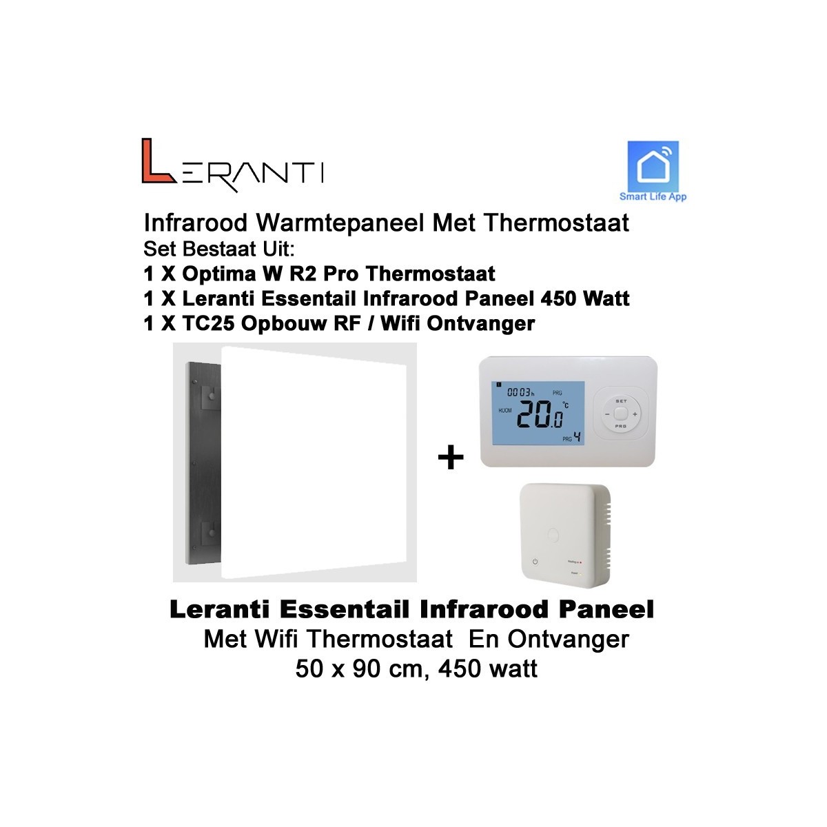 Leranti Essential 450 Watt infrarood paneel met Optima W R2 Pro thermostaat en ontvanger|Luchtreinigeronline