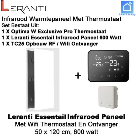 Leranti Essential 600 Watt infrarood paneel met Optima W Exclusive thermostaat en ontvanger|Luchtreinigeronline