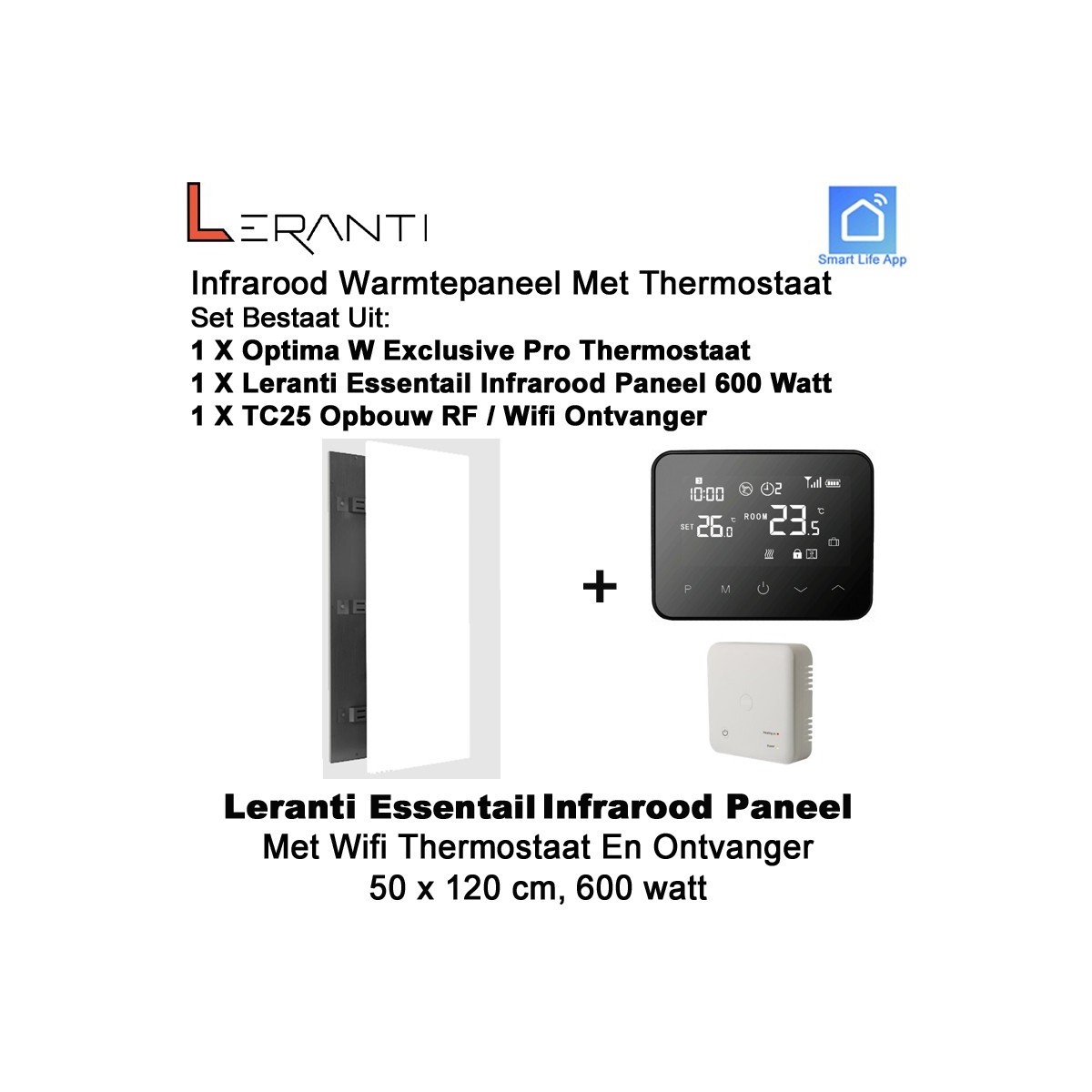 Leranti Essential 600 Watt infrarood paneel met Optima W Exclusive thermostaat en ontvanger|Luchtreinigeronline