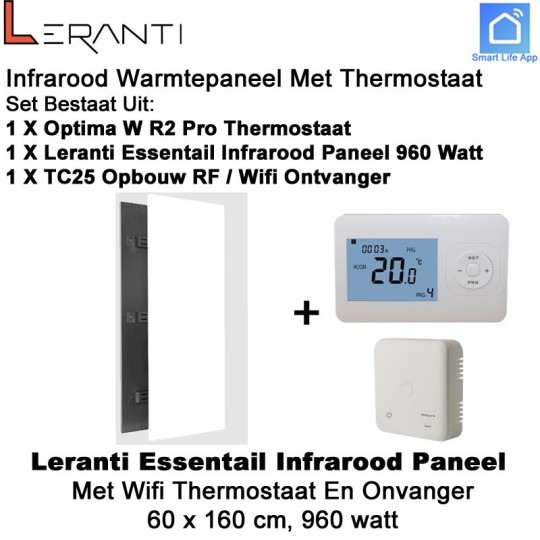 Leranti Essential 960 Watt infrarood paneel met Optima W Exclusive thermostaat en ontvanger|Luchtreinigeronline