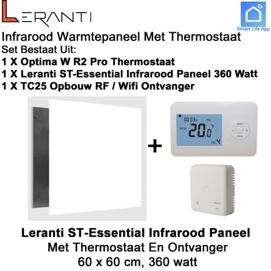 Leranti ST Essential 360 Watt infrarood paneel met Optima W R2 Pro wifi thermostaat en ontvanger|Luchtreinigeronline